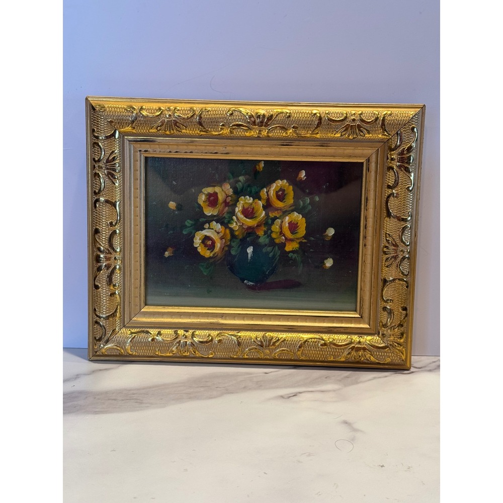 Vintage Floral Oil Painting Yellow Roses Gold Ornate with Frame 8x10